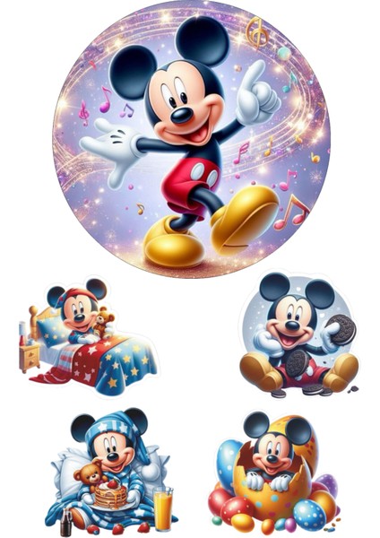 Yenilebilir Yuvarlak Pasta ve Figür Resim Baskısı Şekerli Kağıt Mickey Mouse Temalı 11