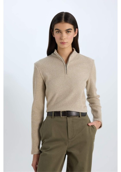 Slim Fit Dar Kesim Yarım Fermuarlı Tweed Uzun Kollu Tişört