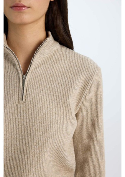 Slim Fit Dar Kesim Yarım Fermuarlı Tweed Uzun Kollu Tişört