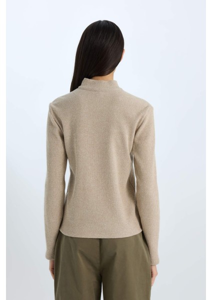 Slim Fit Dar Kesim Yarım Fermuarlı Tweed Uzun Kollu Tişört