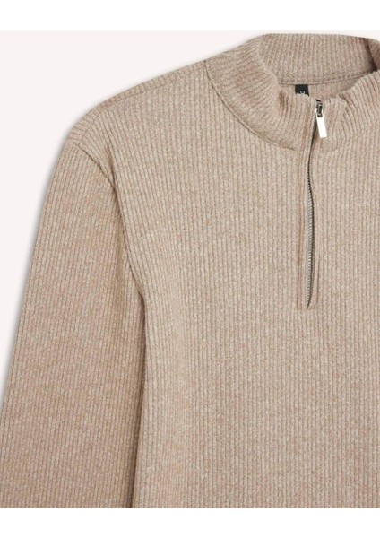 Slim Fit Dar Kesim Yarım Fermuarlı Tweed Uzun Kollu Tişört