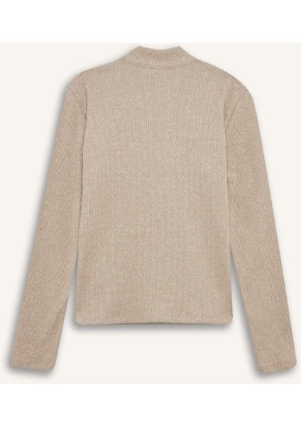 Slim Fit Dar Kesim Yarım Fermuarlı Tweed Uzun Kollu Tişört