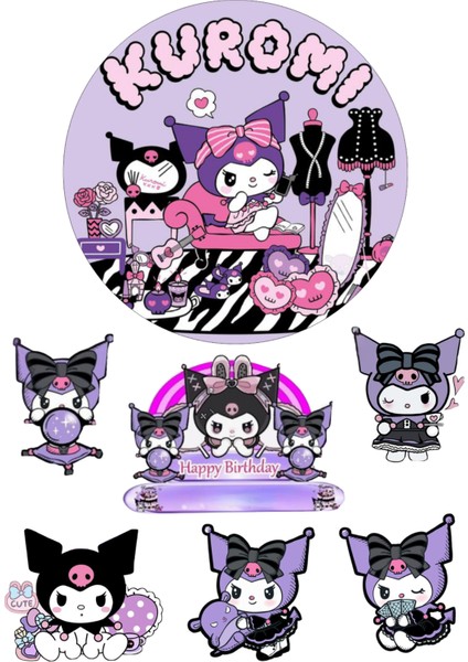 Yenilebilir Yuvarlak Pasta ve Figür Resim Baskısı Şekerli Kağıt Kuromi Temalı 03