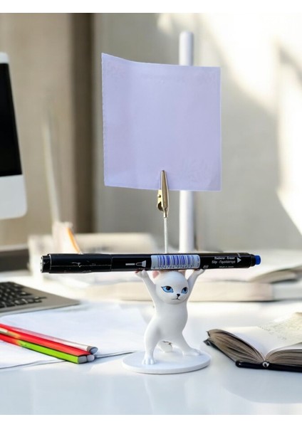 Mavi Gözlü Beyaz Renk Kalem Tutabilen Dansçı Kedi Fotoğraf Not Tutacağı Ofis Masası Hediyelik fiyatları