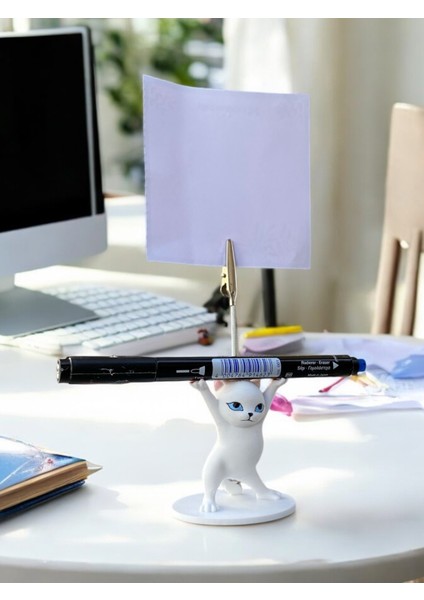 Mavi Gözlü Beyaz Renk Kalem Tutabilen Dansçı Kedi Fotoğraf Not Tutacağı Ofis Masası Hediyelik modelleri