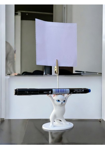 Mavi Gözlü Beyaz Renk Kalem Tutabilen Dansçı Kedi Fotoğraf Not Tutacağı Ofis Masası Hediyelik fırsatları