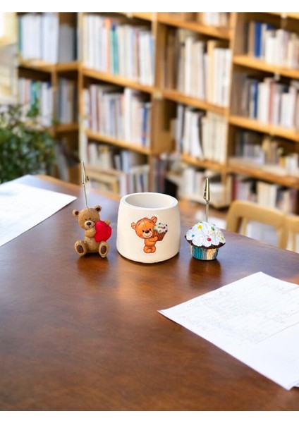 3 Parça Pastalı Ayıcık Kalemlik Set Fotoğraf Not Tutucu Ofis Masası Tutacak Hediyelik