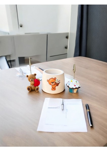 3 Parça Pastalı Ayıcık Kalemlik Set Fotoğraf Not Tutucu Ofis Masası Tutacak Hediyelik modelleri