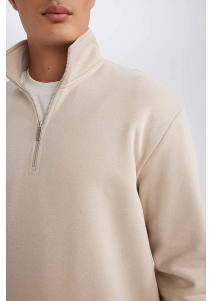 3 İplik Pamuklu Şardonlu İçi Polarlı Comfort Regular Fit Rahat Kalıp Dik Yaka Fermuarlı Kalın Sweatshirt D9067AXNS
