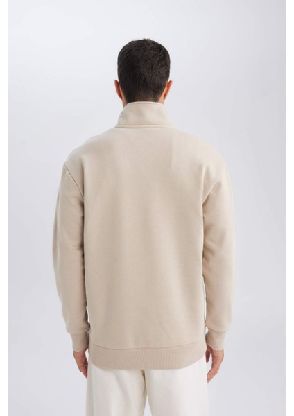 3 İplik Pamuklu Şardonlu İçi Polarlı Comfort Regular Fit Rahat Kalıp Dik Yaka Fermuarlı Kalın Sweatshirt D9067AXNS