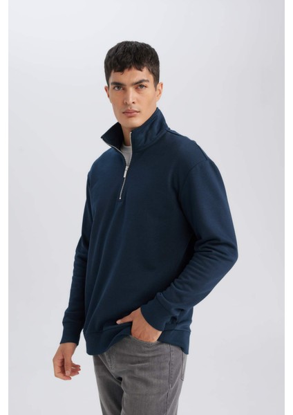 Lacivert 3 İplik Pamuklu Şardonlu İçi Polarlı Comfort Regular Fit Rahat Kalıp Dik Yaka Fermuarlı Kalın Sweatshirt D9067AXNS