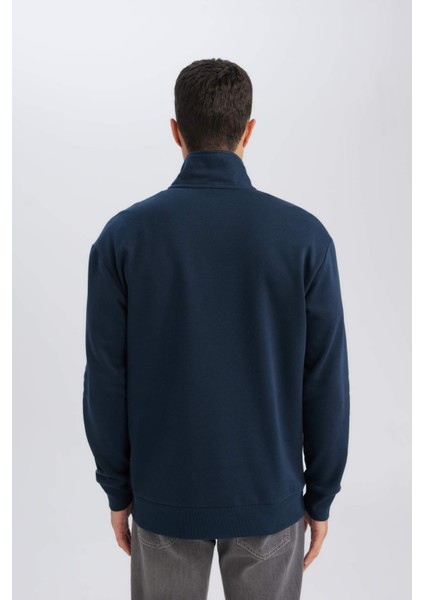 Lacivert 3 İplik Pamuklu Şardonlu İçi Polarlı Comfort Regular Fit Rahat Kalıp Dik Yaka Fermuarlı Kalın Sweatshirt D9067AXNS