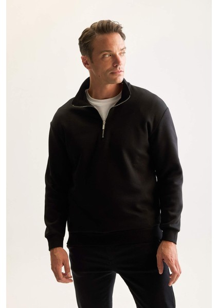 Siyah 3 İplik Pamuklu Şardonlu İçi Polarlı Comfort Regular Fit Rahat Kalıp Dik Yaka Fermuarlı Kalın Sweatshirt D9067AXNS