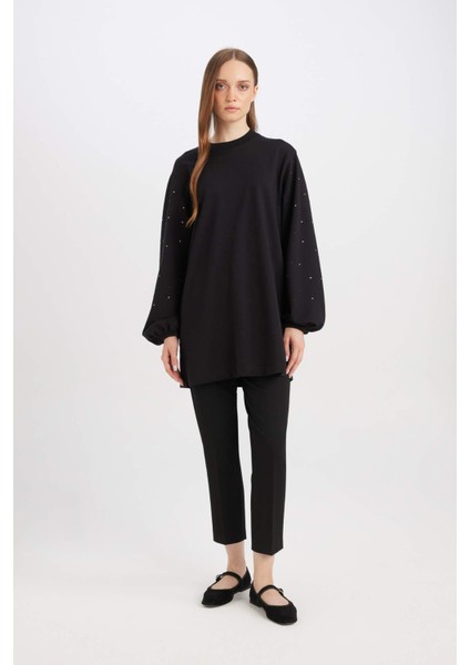 Regular Fit Bisiklet Yaka Balon Kollu Taşlı Uzun Kollu Sweatshirt Tunik D4803AX24AU