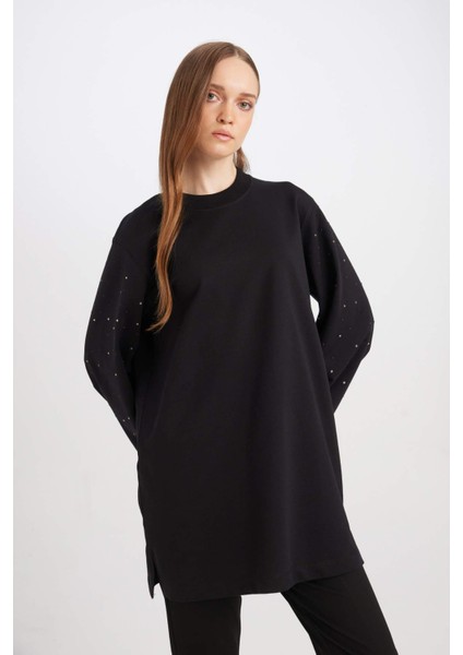 Regular Fit Bisiklet Yaka Balon Kollu Taşlı Uzun Kollu Sweatshirt Tunik D4803AX24AU
