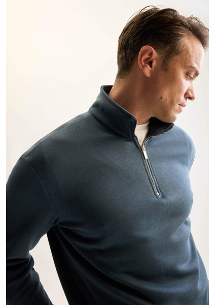 3 İplik Pamuklu Şardonlu İçi Polarlı Comfort Regular Fit Rahat Kalıp Dik Yaka Fermuarlı Kalın Sweatshirt D9067AXNS