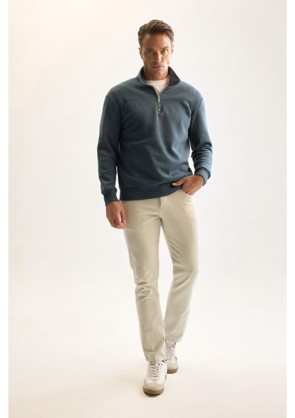 3 İplik Pamuklu Şardonlu İçi Polarlı Comfort Regular Fit Rahat Kalıp Dik Yaka Fermuarlı Kalın Sweatshirt D9067AXNS