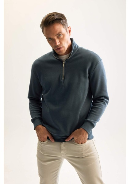 3 İplik Pamuklu Şardonlu İçi Polarlı Comfort Regular Fit Rahat Kalıp Dik Yaka Fermuarlı Kalın Sweatshirt D9067AXNS