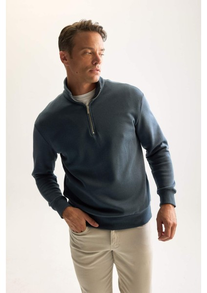 3 İplik Pamuklu Şardonlu İçi Polarlı Comfort Regular Fit Rahat Kalıp Dik Yaka Fermuarlı Kalın Sweatshirt D9067AXNS