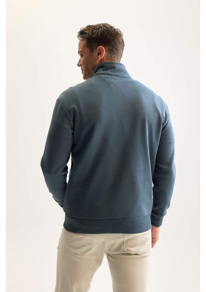 3 İplik Pamuklu Şardonlu İçi Polarlı Comfort Regular Fit Rahat Kalıp Dik Yaka Fermuarlı Kalın Sweatshirt D9067AXNS