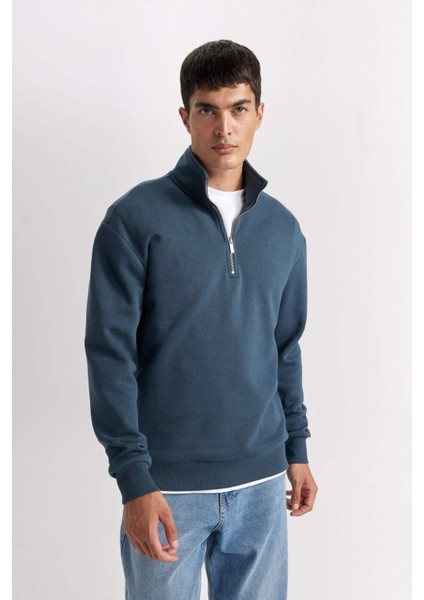 3 İplik Pamuklu Şardonlu İçi Polarlı Comfort Regular Fit Rahat Kalıp Dik Yaka Fermuarlı Kalın Sweatshirt D9067AXNS