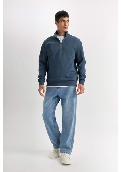 3 İplik Pamuklu Şardonlu İçi Polarlı Comfort Regular Fit Rahat Kalıp Dik Yaka Fermuarlı Kalın Sweatshirt D9067AXNS