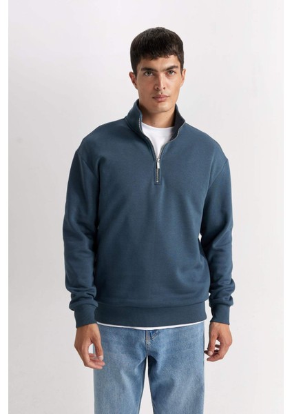 3 İplik Pamuklu Şardonlu İçi Polarlı Comfort Regular Fit Rahat Kalıp Dik Yaka Fermuarlı Kalın Sweatshirt D9067AXNS