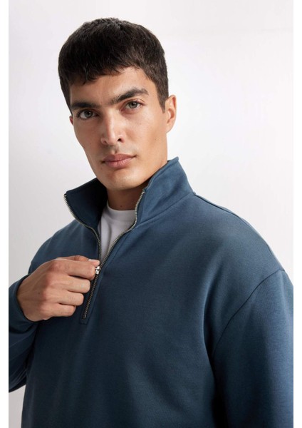 3 İplik Pamuklu Şardonlu İçi Polarlı Comfort Regular Fit Rahat Kalıp Dik Yaka Fermuarlı Kalın Sweatshirt D9067AXNS