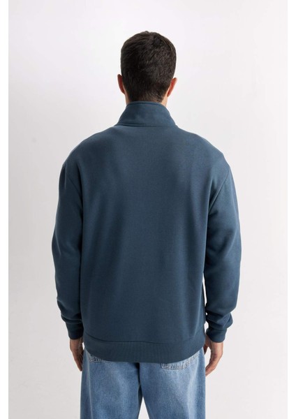 3 İplik Pamuklu Şardonlu İçi Polarlı Comfort Regular Fit Rahat Kalıp Dik Yaka Fermuarlı Kalın Sweatshirt D9067AXNS