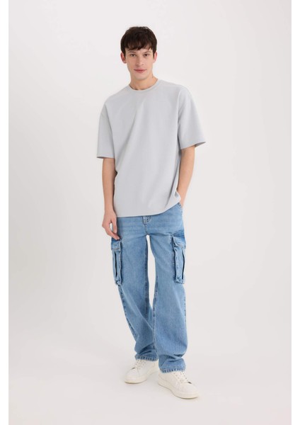 Oversize Geniş Kalıp Ütü Gerektirmeyen Bisiklet Yaka Kısa Kollu Basic Düz Ağır Kumaş Tişört X3926AZ25SP