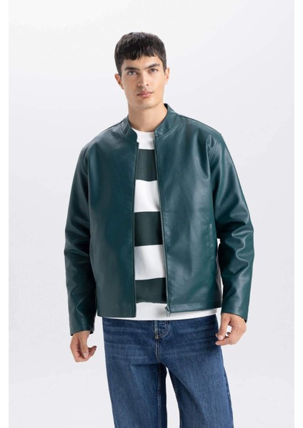 Su İtici Slim Fit Dar Kesim Dik Yaka Fermuarlı Suni Der Ceket Mont D8525AX25SP