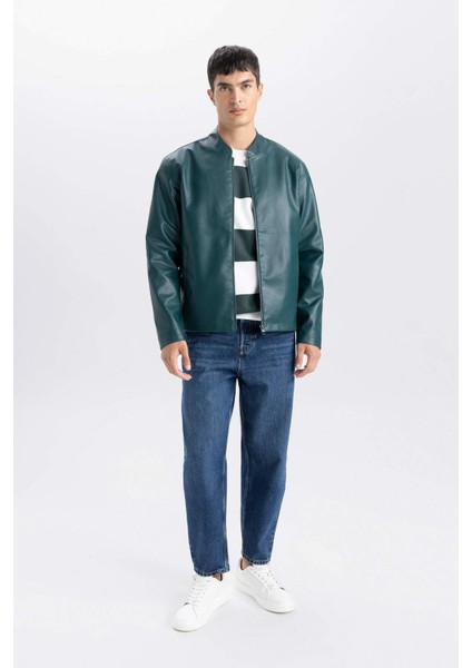 Su İtici Slim Fit Dar Kesim Dik Yaka Fermuarlı Suni Der Ceket Mont D8525AX25SP