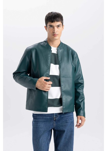 Su İtici Slim Fit Dar Kesim Dik Yaka Fermuarlı Suni Der Ceket Mont D8525AX25SP