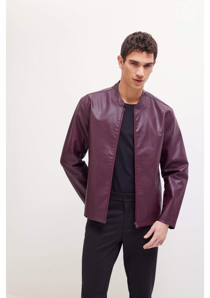 Su İtici Slim Fit Dar Kesim Dik Yaka Fermuarlı Suni Deri Ceket Mont D8525AX25SP