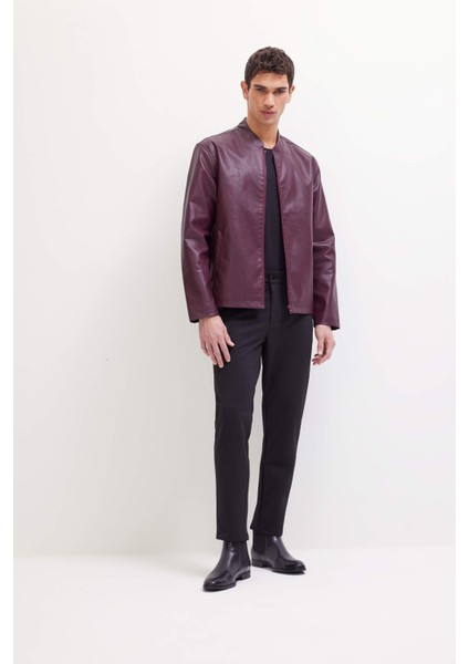 Su İtici Slim Fit Dar Kesim Dik Yaka Fermuarlı Suni Deri Ceket Mont D8525AX25SP