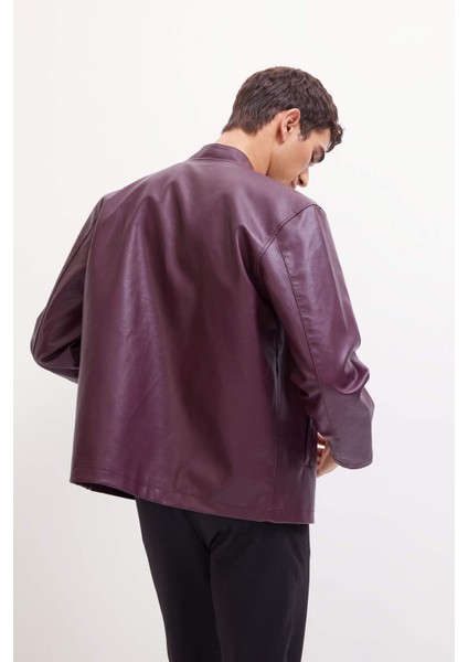 Su İtici Slim Fit Dar Kesim Dik Yaka Fermuarlı Suni Deri Ceket Mont D8525AX25SP