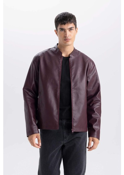 Su İtici Slim Fit Dar Kesim Dik Yaka Fermuarlı Suni Deri Ceket Mont D8525AX25SP