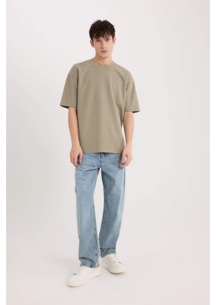 Oversize Geniş Kalıp Ütü Gerektirmeyen Bisiklet Yaka Kısa Kollu Basic Düz Ağır Kumaş Tişört X3926AZ25SP