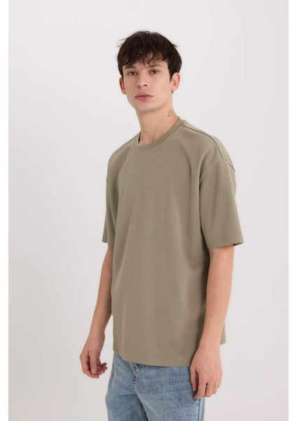 Oversize Geniş Kalıp Ütü Gerektirmeyen Bisiklet Yaka Kısa Kollu Basic Düz Ağır Kumaş Tişört X3926AZ25SP