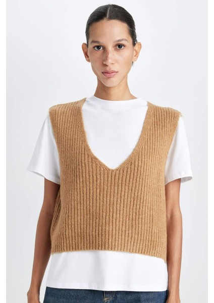 Regular Fit V Yaka Basic Düz Fitilli Triko Süveter D8588AX24WN