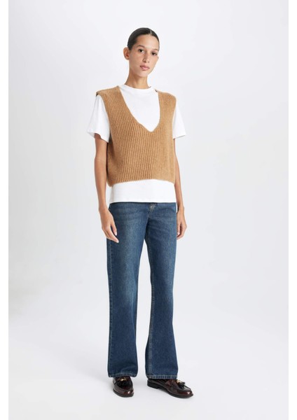 Regular Fit V Yaka Basic Düz Fitilli Triko Süveter D8588AX24WN