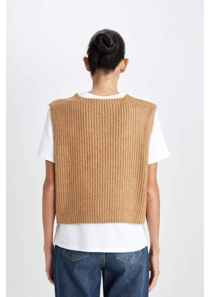 Regular Fit V Yaka Basic Düz Fitilli Triko Süveter D8588AX24WN