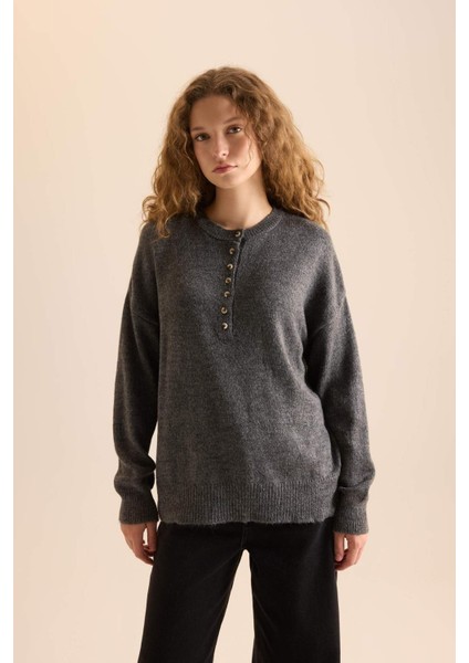 Oversize Geniş Kalıp Düğmeli Yaka Triko Kazak D4913AXNS