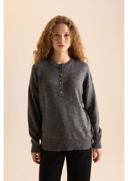 Oversize Geniş Kalıp Düğmeli Yaka Triko Kazak D4913AXNS