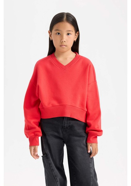 Kız Çocuk Cropped Fit V Yaka Basic Düz Sweatshirt D7047A824WN