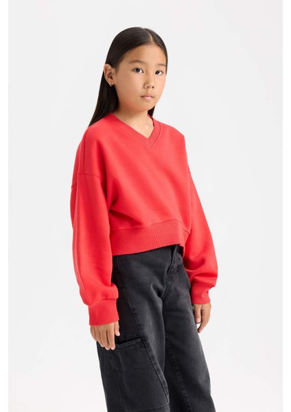 Kız Çocuk Cropped Fit V Yaka Basic Düz Sweatshirt D7047A824WN