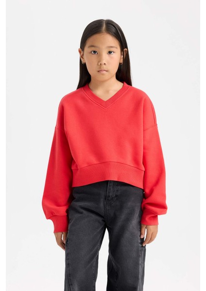 Kız Çocuk Cropped Fit V Yaka Basic Düz Sweatshirt D7047A824WN