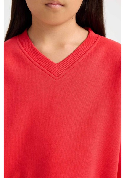 Kız Çocuk Cropped Fit V Yaka Basic Düz Sweatshirt D7047A824WN