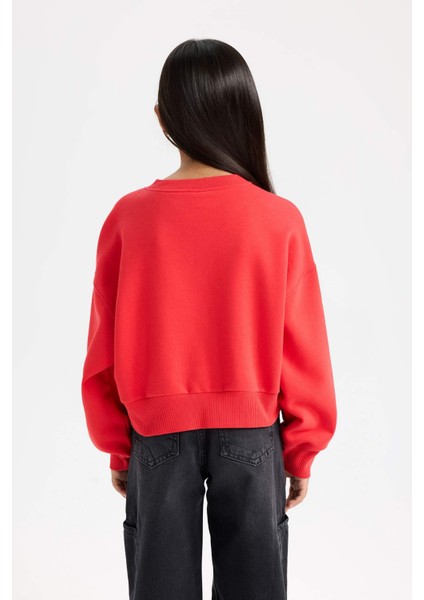 Kız Çocuk Cropped Fit V Yaka Basic Düz Sweatshirt D7047A824WN