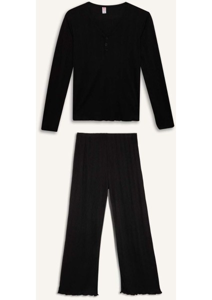 Pijama Takımı V Yaka Düğmeli Ribana Uzun Kollu Üst Beli Lastikli Geniş Paça Alt-Fall in Love D2273AX24WN